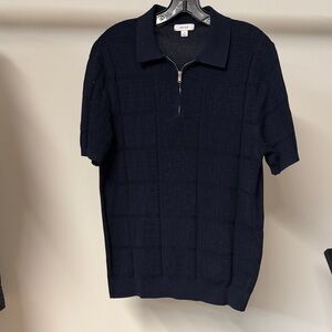 Reiss Dark Navy Textured Half- Zip Polo
